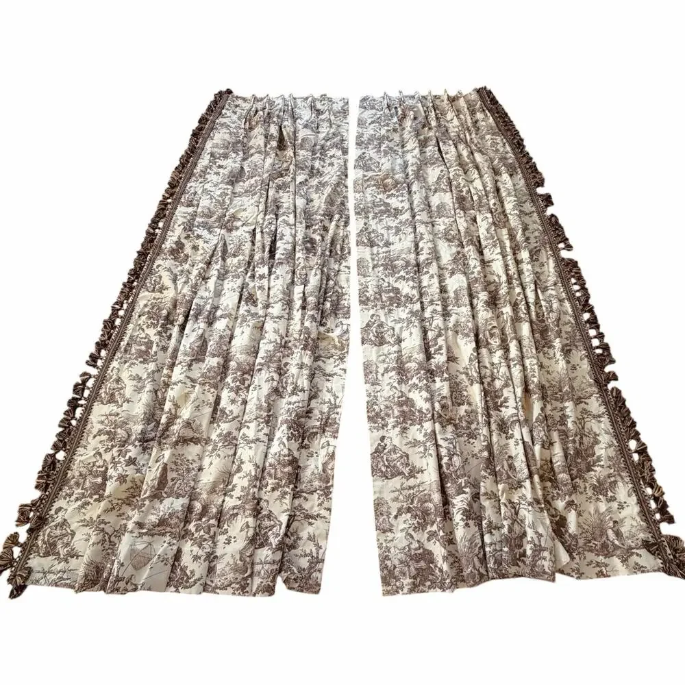 Vtg Laura Ashley House Party Toile Pinch Pleat Lined Curtains Panels 28x86 Brown